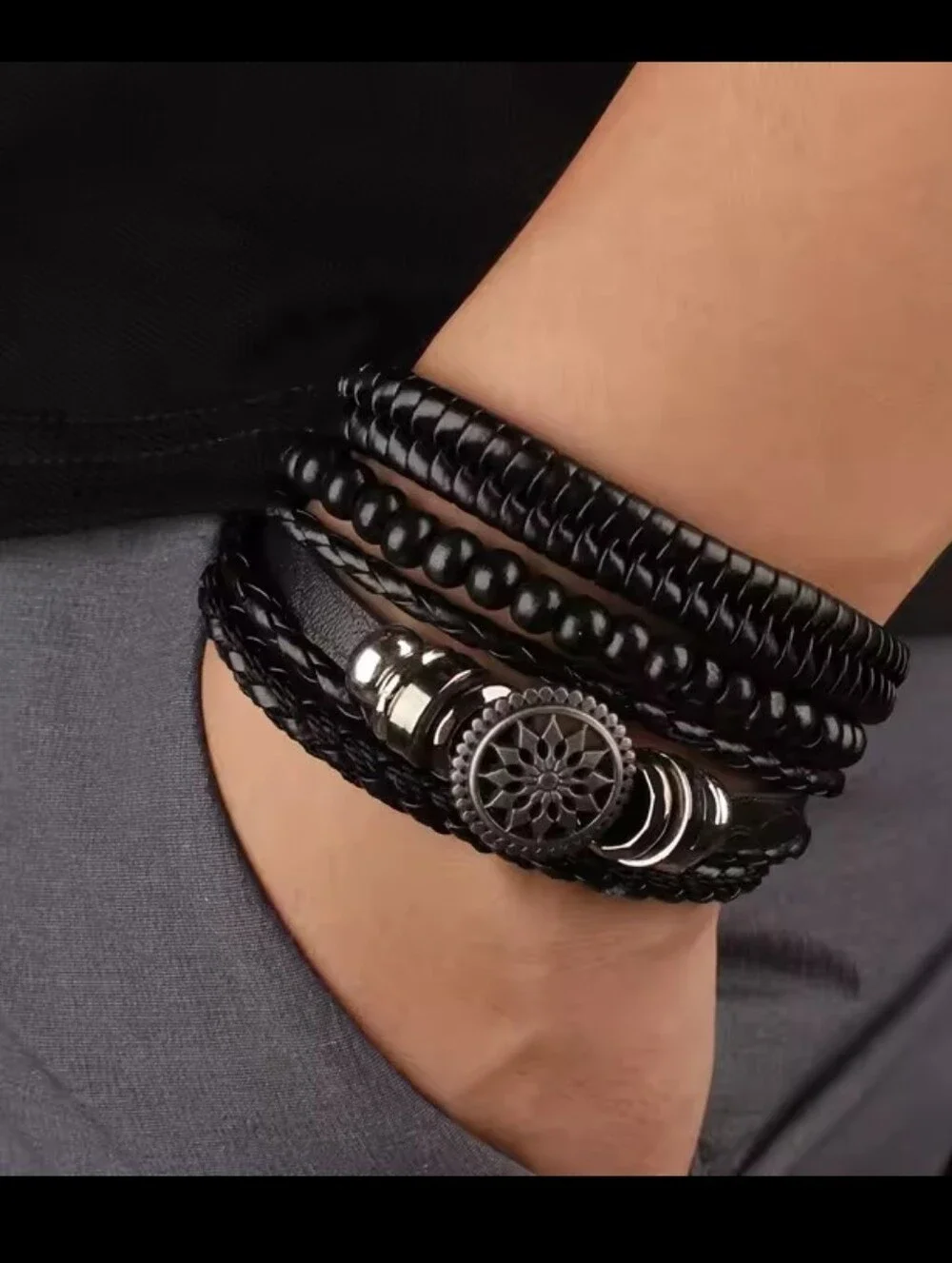 Men's Bracelets Set Leather Beaded Layered Black New G18